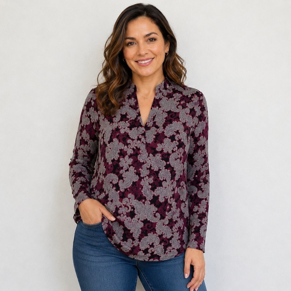 J.‎ Jill Wearever Paisley Tunic Top Medium Black Burgundy Long Sleeve V-Neck